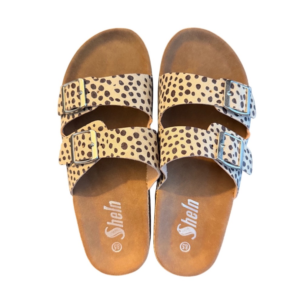 SHEIN Women Leopard Print Double Buckle Slide Sandals Cork Footbed Tan Size 8.5